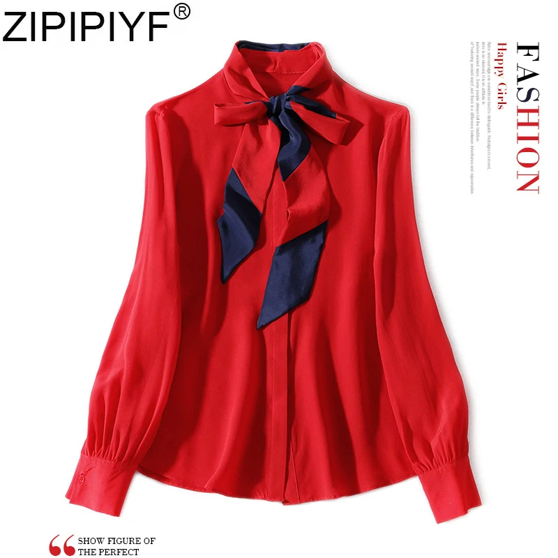 

High Quality 2019 New Arrival Women Blouses Autumn Spring Solid One Piece Bow Collar Long Sleeve Fashion Stain Slik Blouse Q048