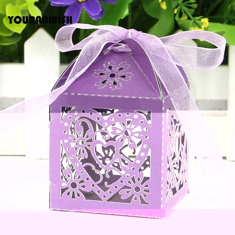 50 шт./лот Любовь Сердце Лазерная резка коробка конфет подарочные коробки с лентой