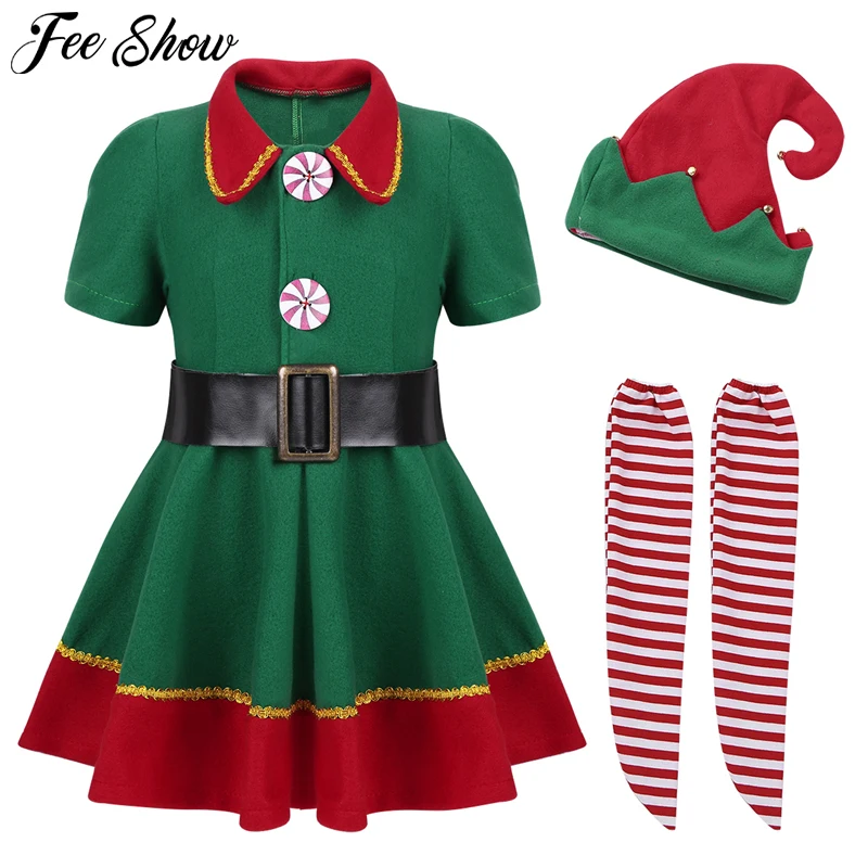 Kids Girls elf christmas Dress New Year Festival with Hat Belt Tights Set for Xmas Cosplay Party Costume Up | Детская одежда и