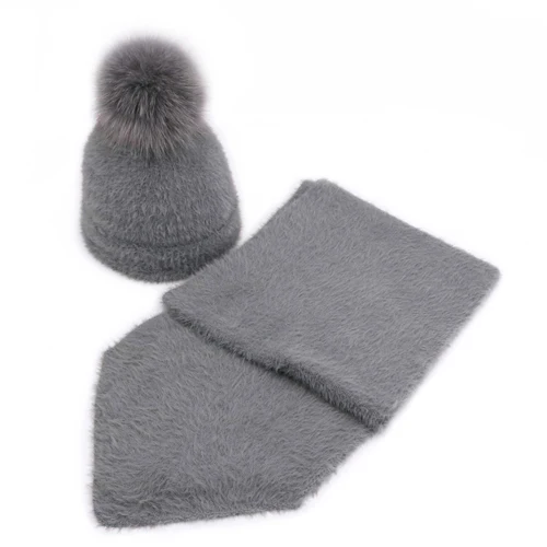 Grey - Set Зимняя винтажная женская и детская шапка из искусственного меха норки, шарф, комплект, однотонные дамские шапочки, шапки, шарфы, шапки для девочек с помпоном из меха лисы - Цвет: Grey - Set