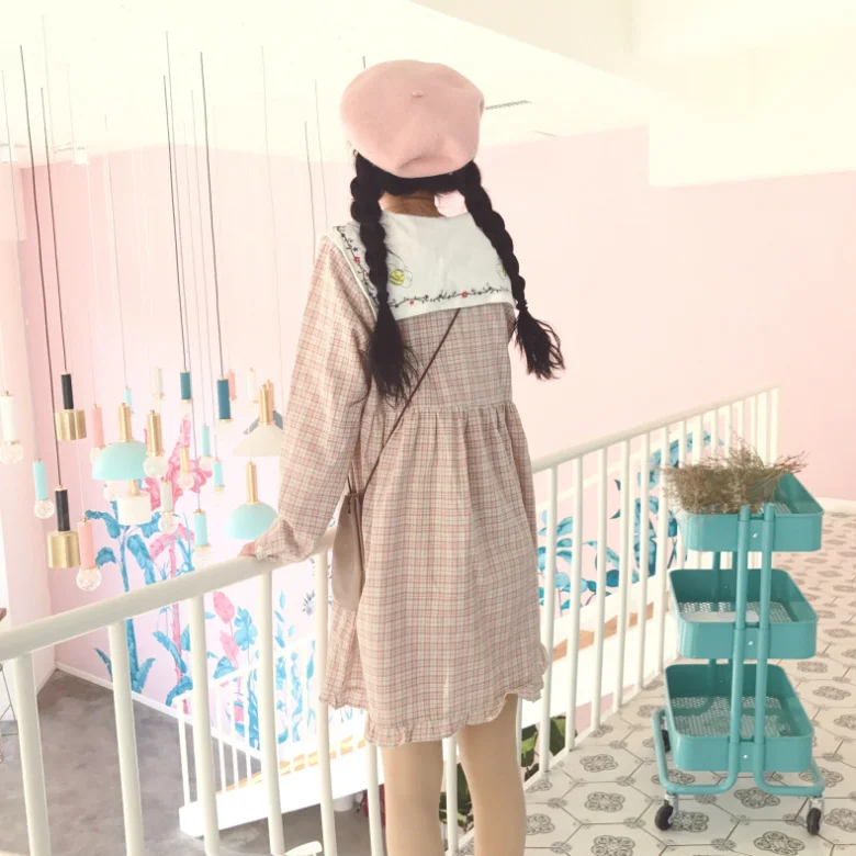 Kawaii платье лолиты весеннее женское японское милое студенческое платье с бантом и вышивкой в клетку летнее маленькое свежее платье