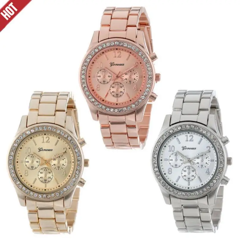 Luxury Rose Gold Women's Watches Faux Chronograph Quartz Plated Classic Round Ladies Women Crystals Watch Saat Dropshipping D