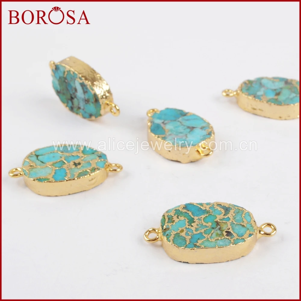 

BOROSA 5pcs Oval Gold Color Copper 100% Blue Stone Druzy Connector Double Bails Charm for Bracelet Necklace DIY Jewelry G1323