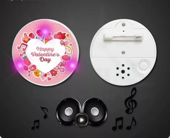 Koop 5*5Cm De Muziek Badge Gelukkig Valentijnsdag Flash Broche Nieuwe Muziek Led Knippert Broche Pin Licht Up Gloeiende Badge Party