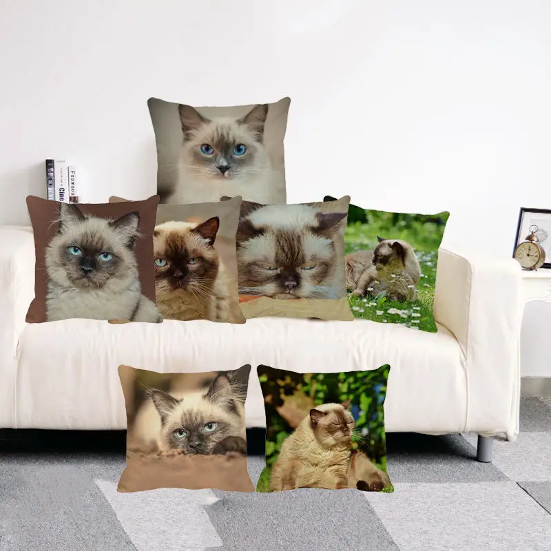 Декоративная наволочка для дивана XUNYU Cute Pet Чехол подушки с кошкой Siamese Cat льняные