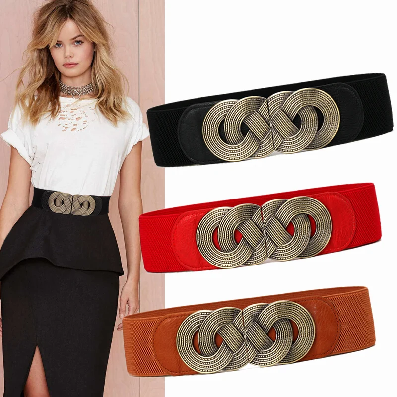 

HOT Women's Waistband Red Fashion Stretch Strap Elastic Solid Cummerbund Black Gift Vinatage Buckle Waistbands Dress Cummerbunds