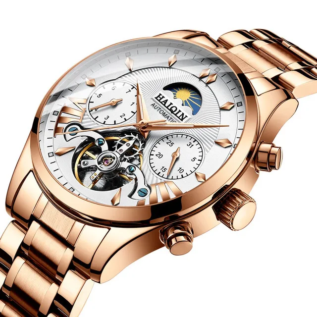 gold white HAIQIN Роскошные автоматические механические часы мужские модные деловые часы мужские водонепроницаемые наручные часы Relogio Masculino+ коробка - Цвет: gold white