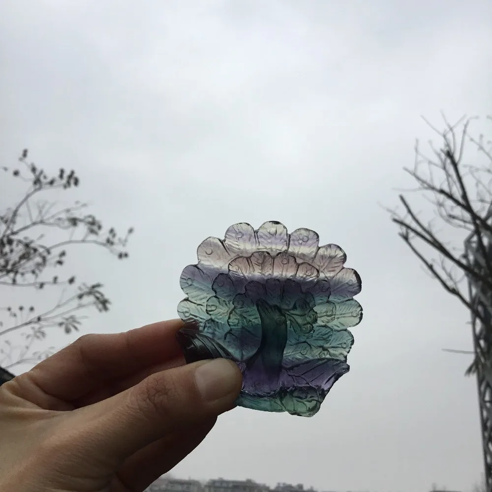 

Natural stripel fluorite Animal Figurines Carved crystal peacock