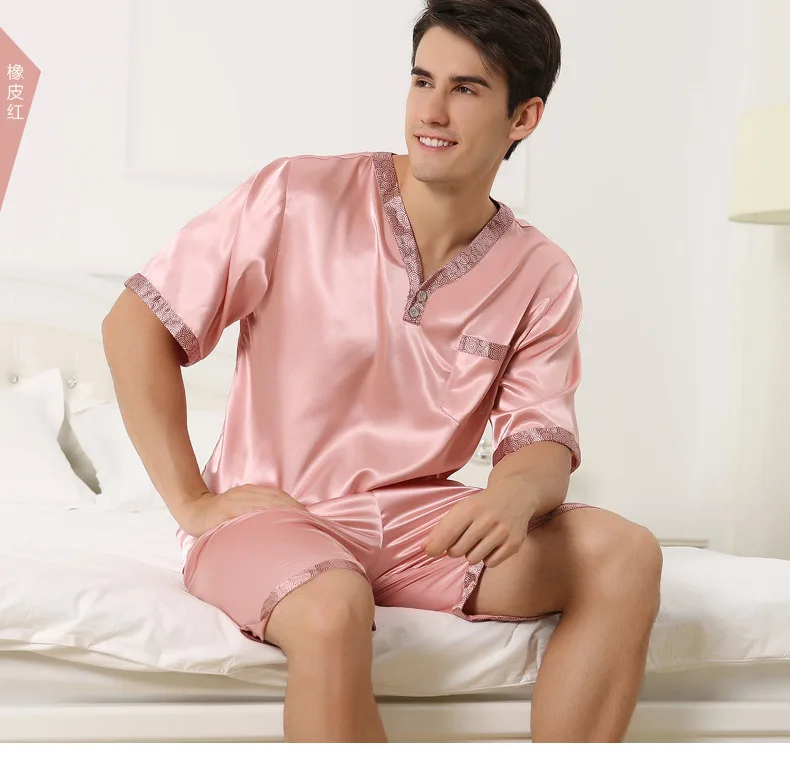 Летняя мужская Шелковая пижама с короткими рукавами и v-образным вырезом, пижама с шортами, тонкая мужская одежда для сна больших размеров XXXL XXXXL