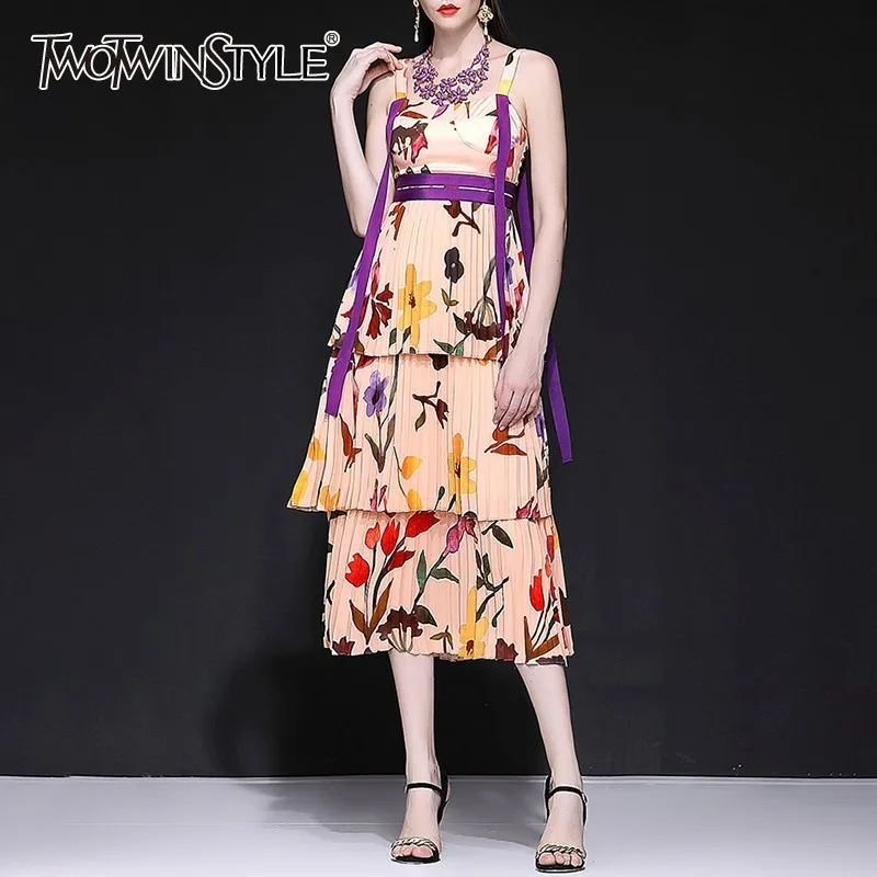 TWOTWINSTYLE Плиссированное Платье с принтом для женщин, без рукавов, с открытыми плечами, с высокой талией, с бантом, повязки, повседневные платья для женщин
