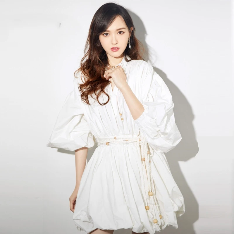 Women Cotton White Dress 2019 Spring Runway Half Lantern Sleeve Tunic Party Tassel Sashes Elegant Casual Gown Mini | Женская одежда