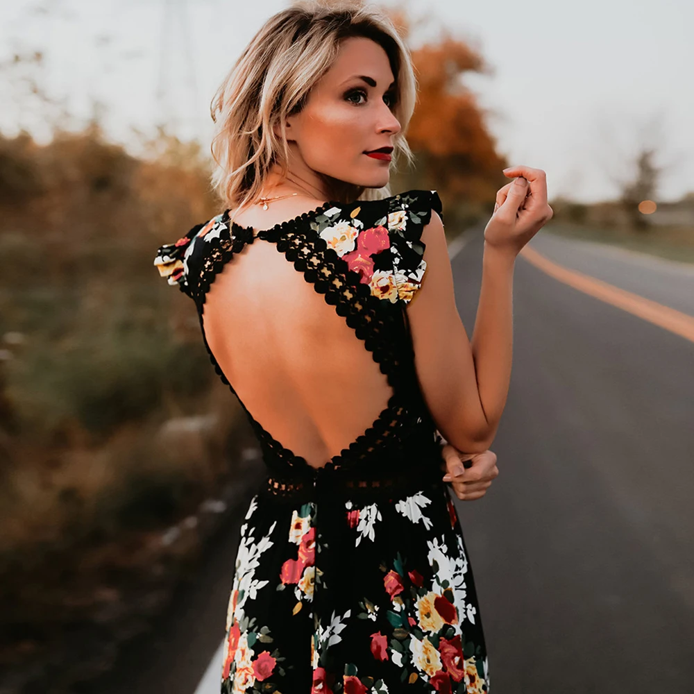 Элегантный цветок печати кружева длинное платье vestidos Sexy Глубокий V шеи спинки