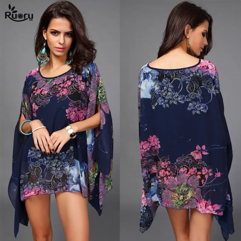 

Ruoru Boho Top Batwing Sleeve Chiffon Blouses Women Floral Printed Loose Summer Shirts Beach Tunic Tops Blusas Robe