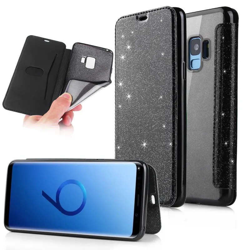 Блестящий чехол со звездами для samsung Galaxy S10 Plus S10e Note 10 Plus 5G 9 8 S7 S6 Edge, полностью откидной кожаный прозрачный ТПУ чехол, Funda - Цвет: Black