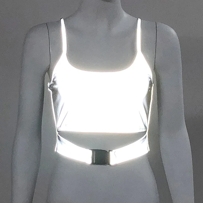 Летний сексуальный женский светоотражающий серебристый Топ без бретелек с