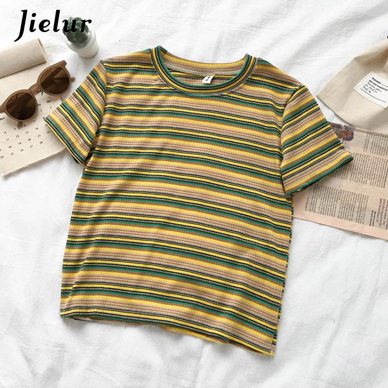 Jielur/красные желтые синие женские футболки в полоску 2019 г. Корейская футболка Ulzzang