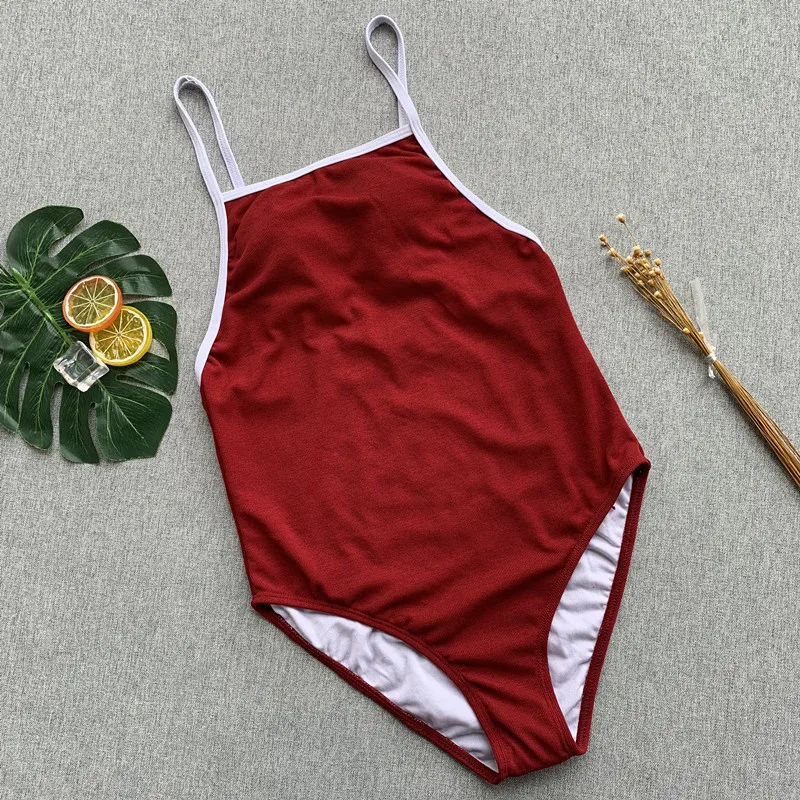 Бургундский винтажный Цельный купальник с высокой горловиной женский в стиле