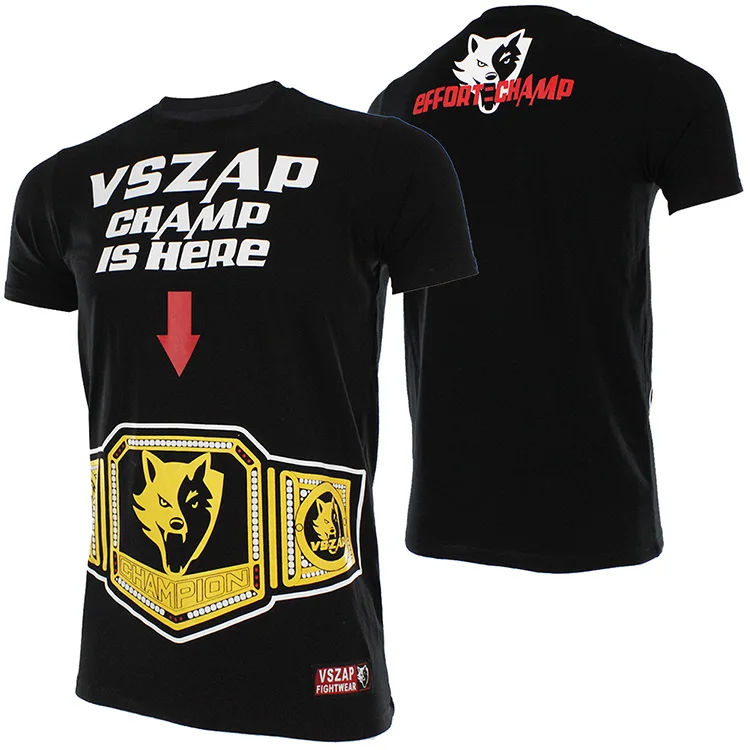 VSZAP ЧЕМПИОН ЗДЕСЬ Муай тай Короткие Золотой Волк ММА Бокс Фитнес Хлопок Футболки