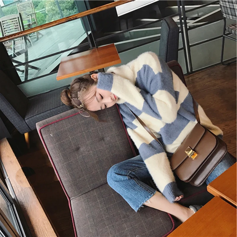 Женский свитер в полоску BGTEEVER Свободный вязаный из мохера с длинными рукавами