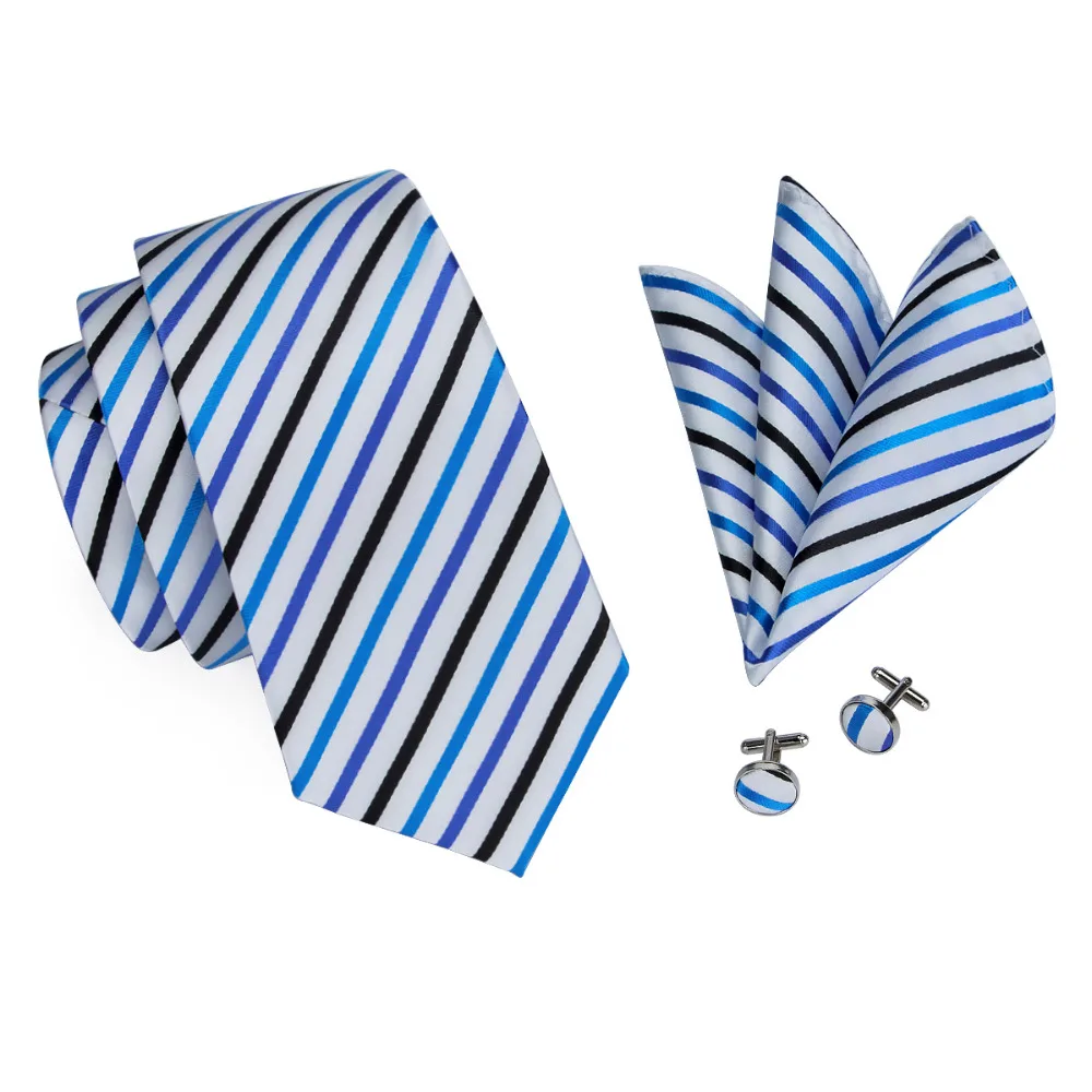 SN 290 белый черный Dodgerblue полосатый галстук Hanky запонки наборы мужские 100% шелковые
