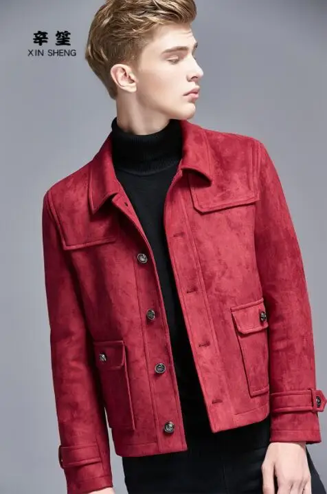 

Casual short coat men single-breasted coats long sleeves deer skin velvet mens clothing england wine red plus size S - 6XL