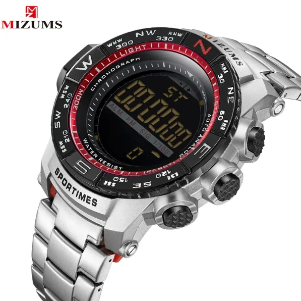 silver red Мужские часы с хронографом, светодиодный, цифровые часы для мужчин, водонепроницаемые, с будильником, спортивные, Reloj Hombre, золотые, нержавеющая сталь, мужские часы - Цвет: silver red