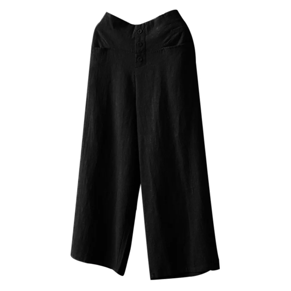 Black Женские Новые Осенние широкие укороченные брюки, повседневные свободные брюки с высокой талией, однотонные льняные брюки, повседневные брюки, женские брюки - Цвет: Black
