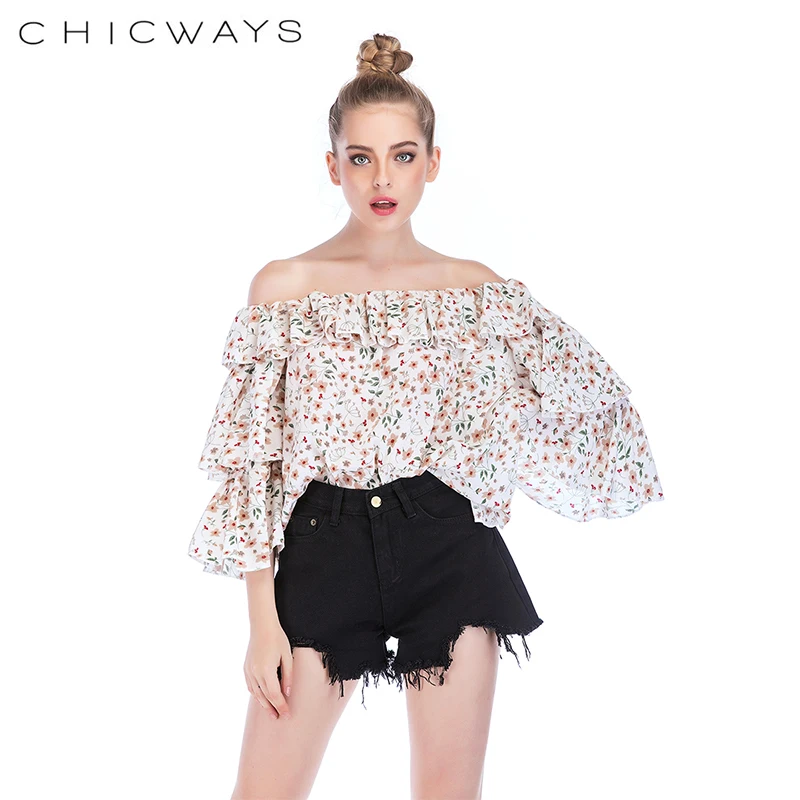 Chicways 2018 летняя шифоновая блузка с открытыми плечами цветочным принтом рюшами