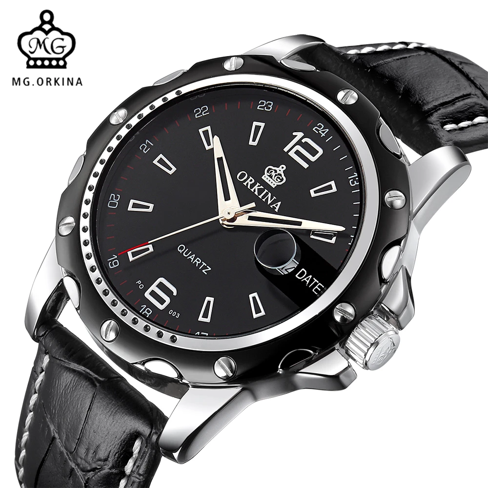 

MG. ORKINA Stainless Steel Case Back Japan Movt Quartz Watch Auto Date Mens Watches Leather Band Heren Horloge Clock Men