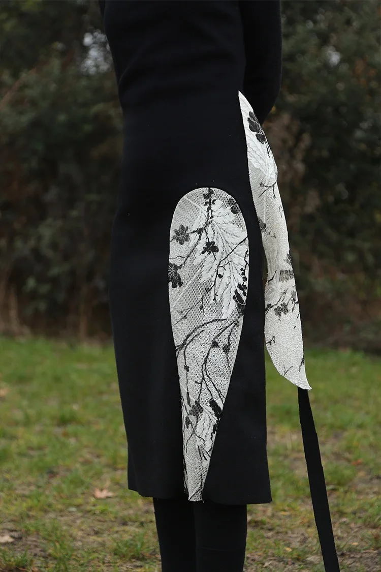 2019 Summer Gloria&ampGrace Elegant Spaghetti Strap Black Knitting Patchwork Blossom Floral Flowers Print Pattern Mid-Calf Dress | Женская