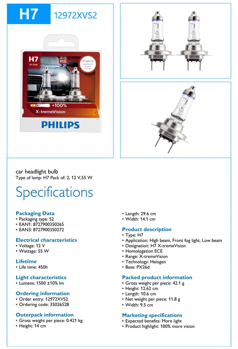 Оригинальные автомобильные фары Philips H1 H4 H7 H11 HB3 HB4 X-treme Vision, яркие галогенные лампы ECE, одобрено на больше, пара