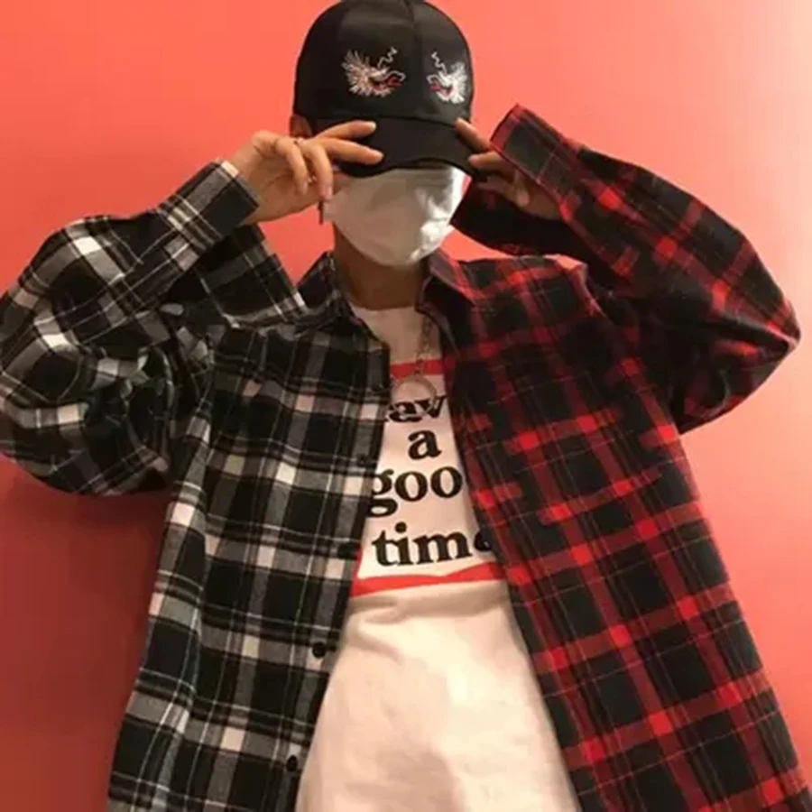 Корейская мужская клетчатая рубашка из хлопка с длинными рукавами в стиле