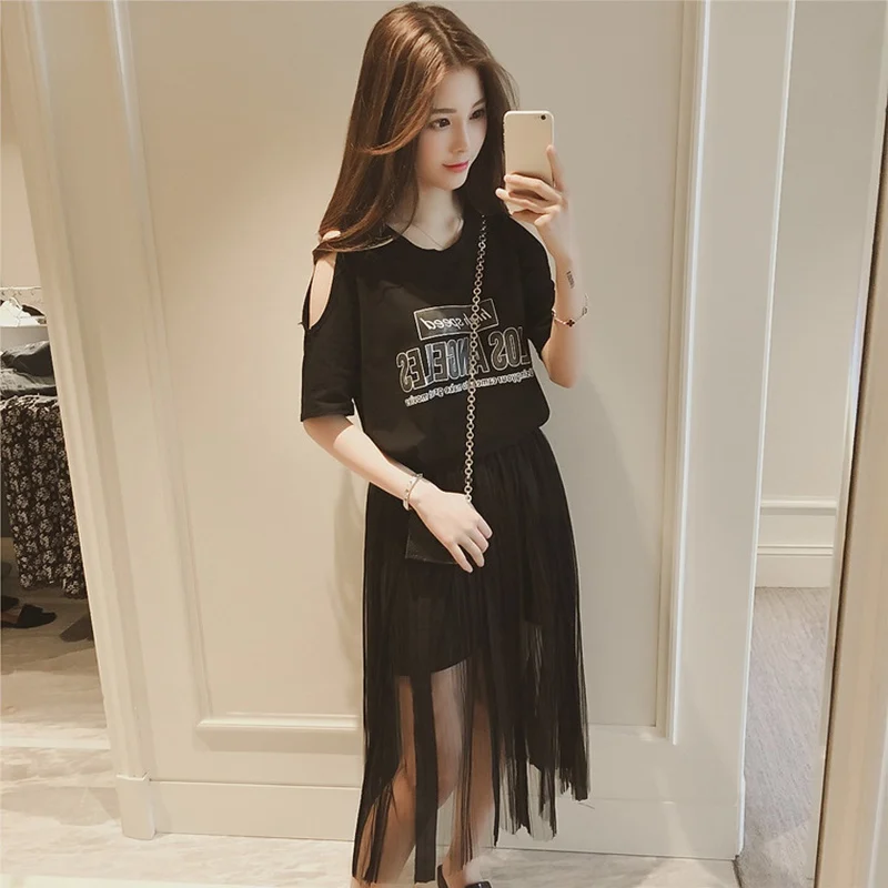 Женское платье с круглым вырезом и коротким рукавом юбка сетка| |