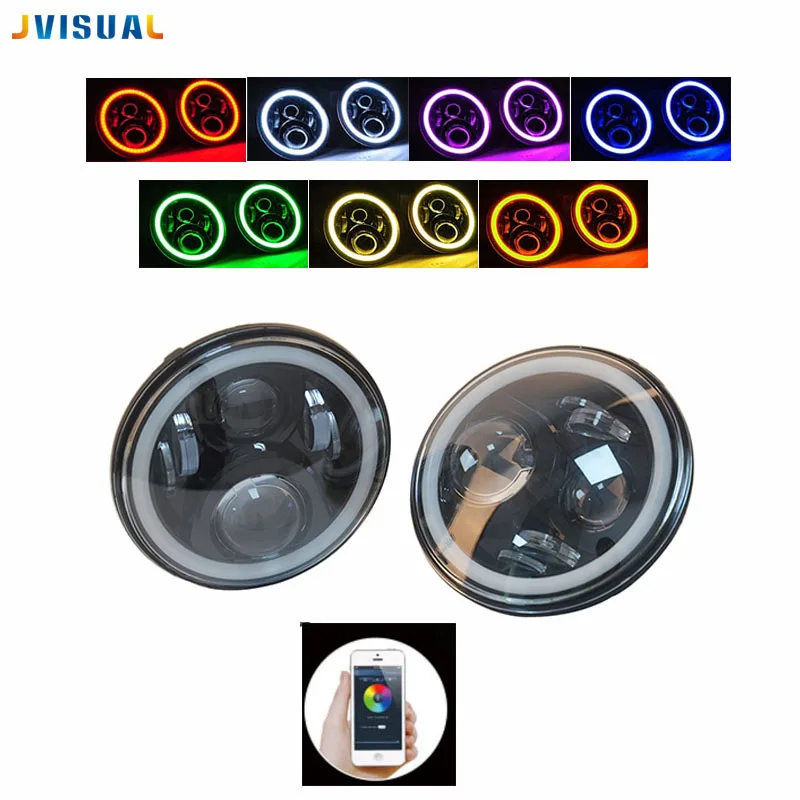 7 &quotRGB Bluetooth Управление Halo Ангел глаз светодиодный H4 фара дюймов для Jeep Wrangler Jk TJ LJ