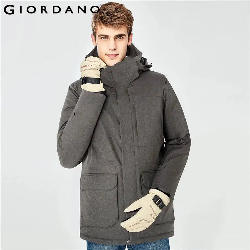 Giordano мужской зимний пуховик средней длины с капюшоном набивка из натурального