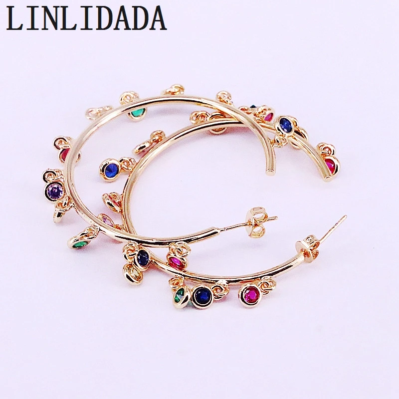 Серьги-гвоздики золотистые с разноцветным фианитом 3 пары | Украшения и