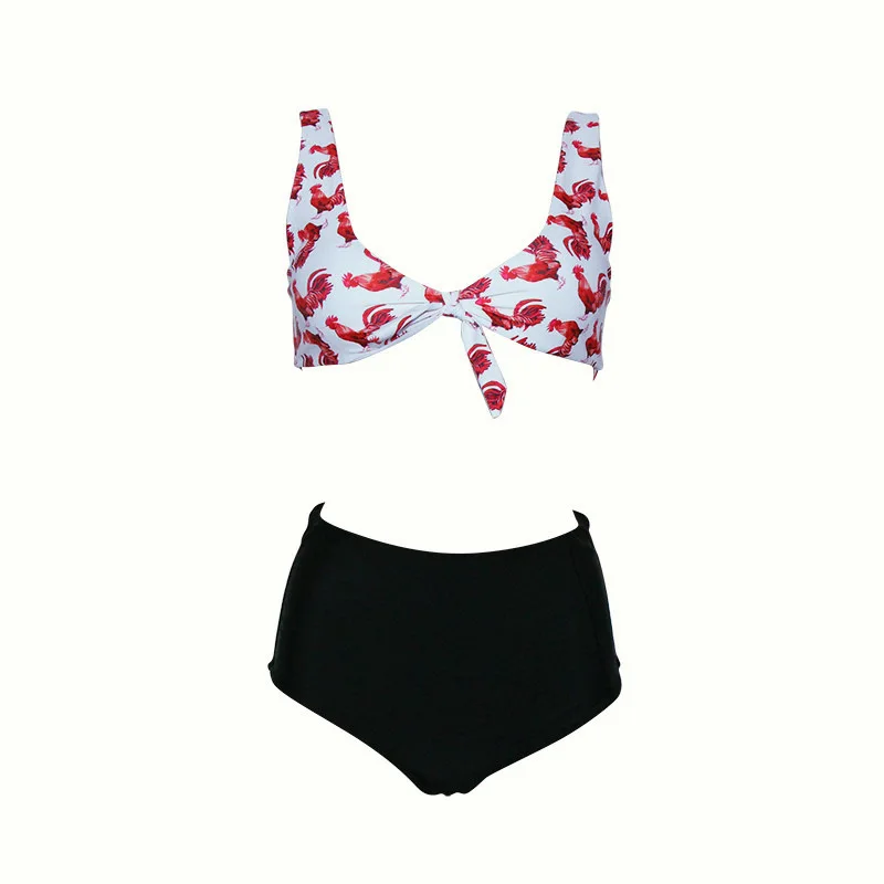 Print Red Cock Bikini Black Bottom High Waist Swimsuit 2019 New Swimwear Beach Biquini Tankini Knot Bathing Suit |