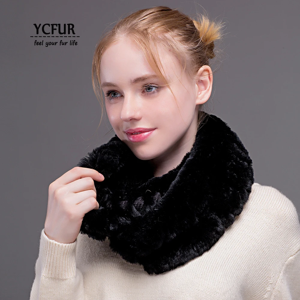 

YCFUR Women's Ring Scarves Winter Warm Knit Real Rex Rabbit Fur Scarf Wrap Female Super Elastic Natural Fur Long Scarf For Women