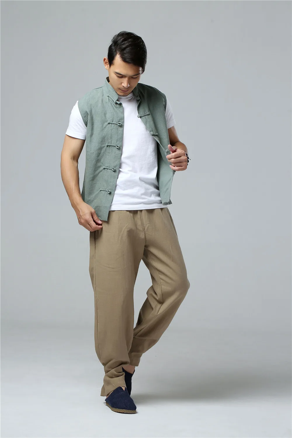 LZJN Men's Summer Waistcoat Chinese Style Vintage Breathable Linen Button Down Kung Fu Shirt Sleeveless Vest Jacket