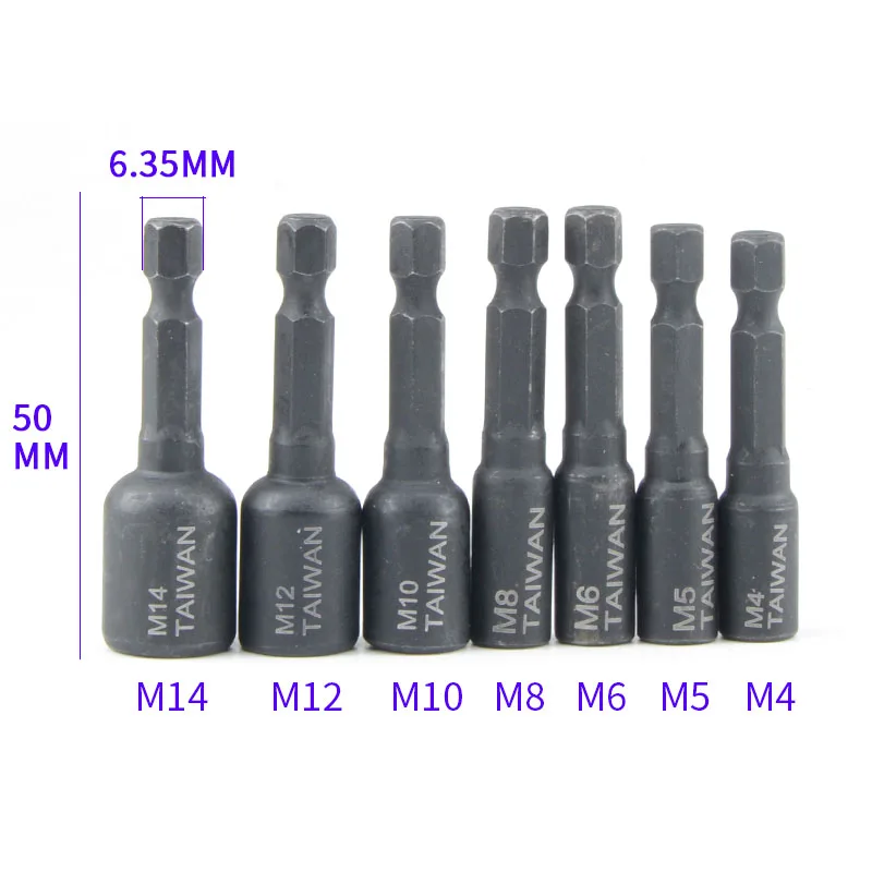 Адаптер с шестигранным хвостовиком 1/4 '', квадратный драйвер M4, M5, M6, M8, M10, M12, M14, винтовой нарезной патрон для электросверла