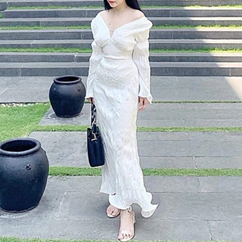 INDRESSME 2019 New Women's Sexy Sheath Draped Long Sleeve Bodycon V Neck Ankle Length Ruffles Dress | Женская одежда
