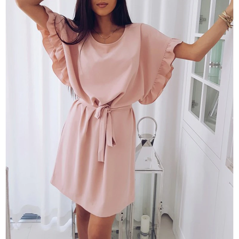 Женское мини платье Boho повседневное пляжное с О образным вырезом рукавом летучая