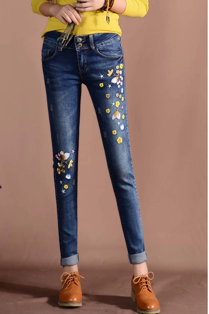 Плюс Размеры Для женщин с цветочной вышивкой зауженные джинсы весна лето дамы