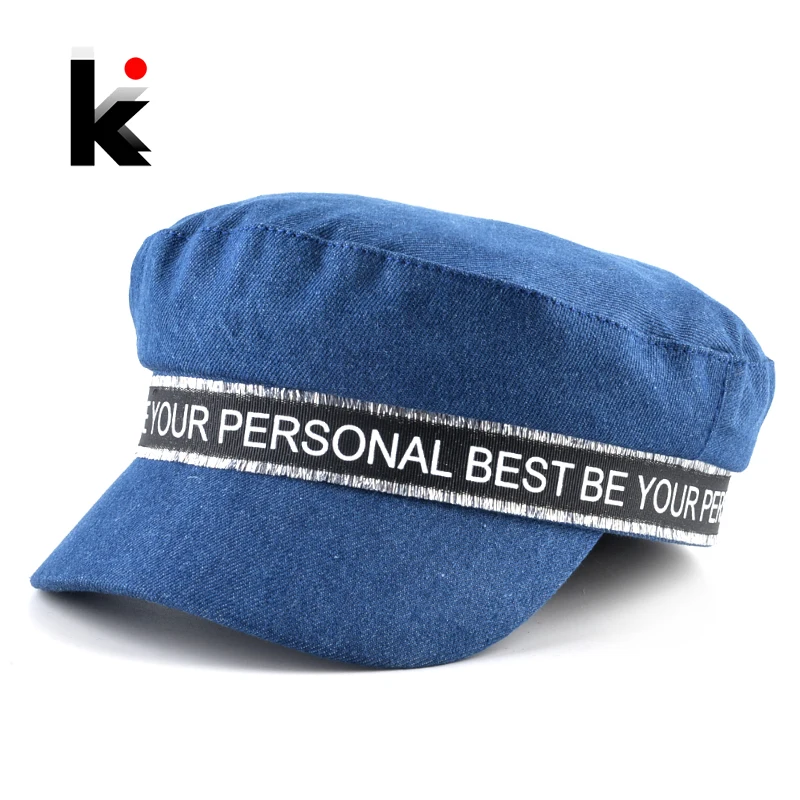 Модные джинсовые военные шапки с буквенным поясом весенние береты для женщин и