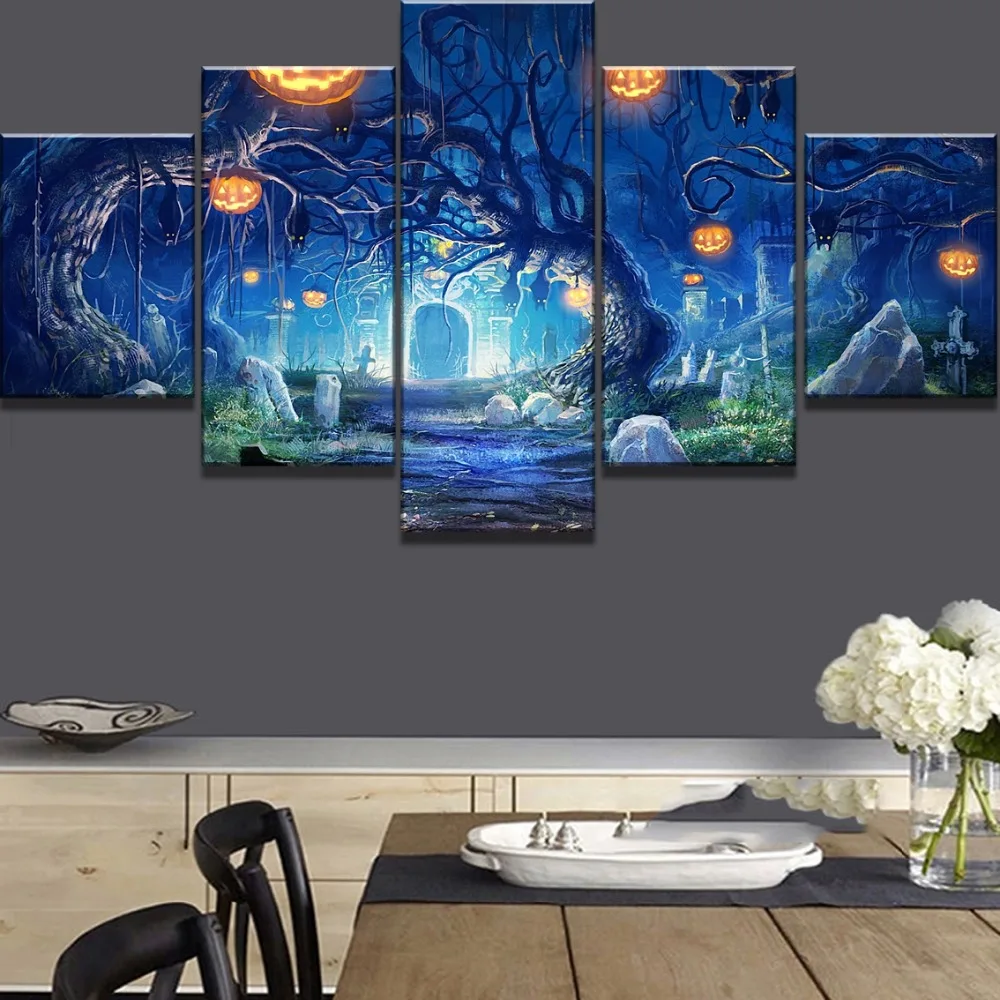 5 pieces HD print large Halloween pumpkin tree landscape painting in home decoration wall canvas art | Дом и сад