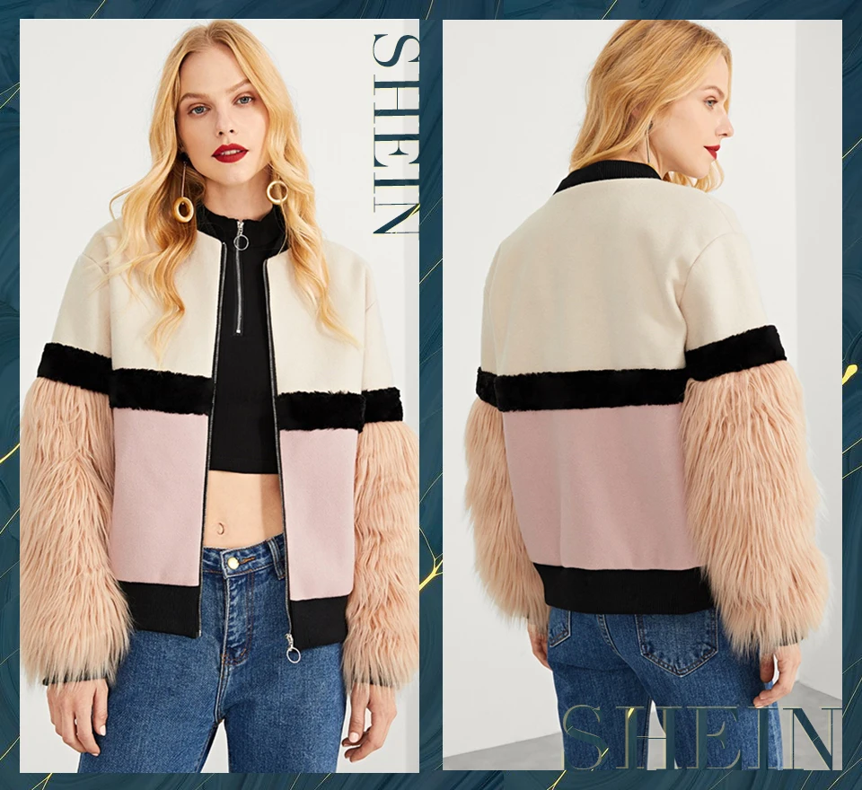 SHEIN Контрастное Пальто На Молнии С Искусственным Мехом На Рукавах Женское Многоцветное Элегантное Пальто Со Стоячим Воротником