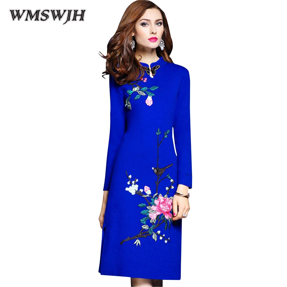 Платье с длинным рукавом Wmswjh синее трикотажное платье большого размера вышивкой