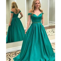 off shoulder turquoise prom dress a line satin beaded sash party gowns vestido de formatura special occasion evening prom dress
