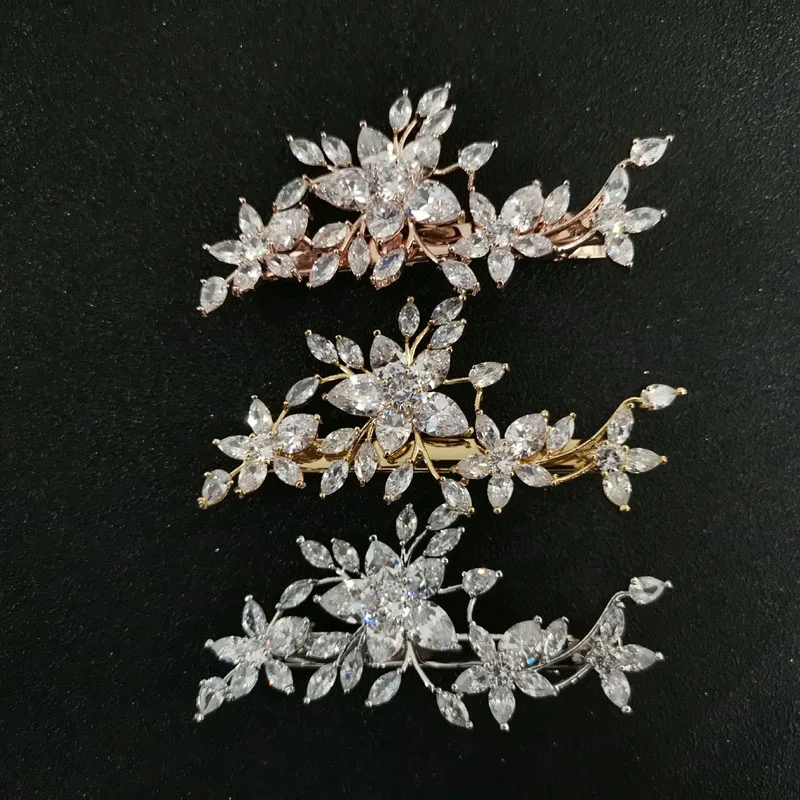 SLBRIDAL Prong Setting Clear Cubic Zirconia Flower свадебные заколки для волос свадебный CZ головной
