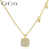 czcity 18k gold plated elegant square pendant necklace for women petite sparkling cz stone paved 925 silver charm femme collana